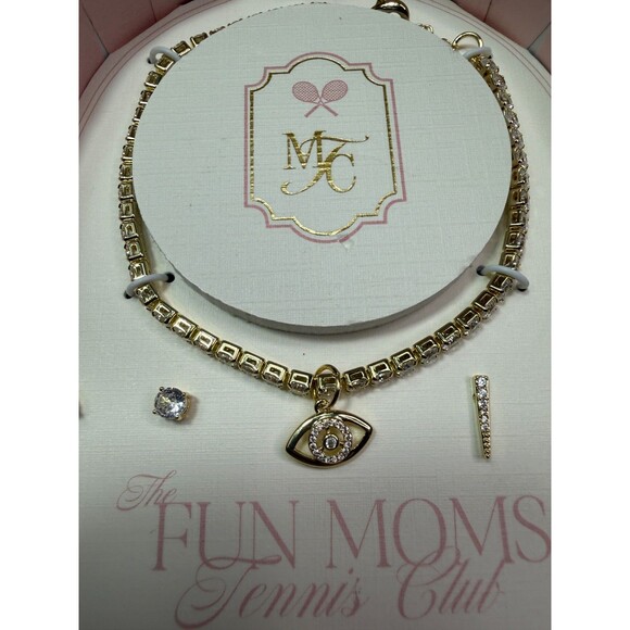 NIB The Fun Moms Tennis Club Evil Eye Bracelet 2 Earrings Set Silver Plated - Picture 7 of 9